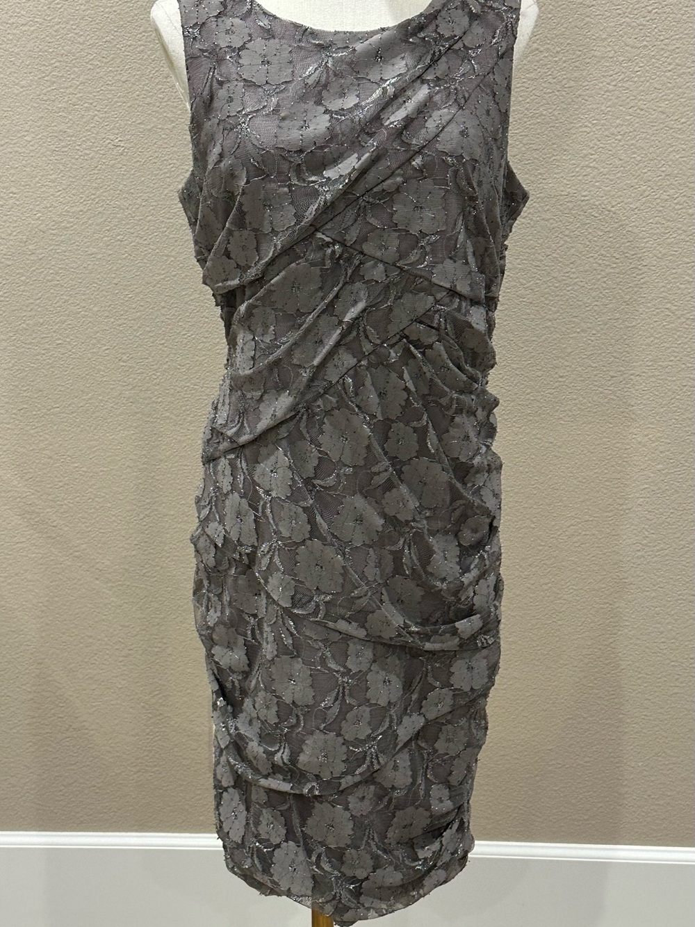 Scarlett Nite Gray Lace Draped Sheath Dress